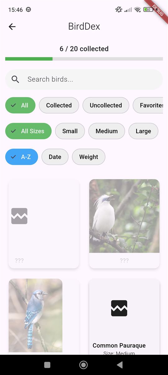 BirdDex collection with search, filters and sorting