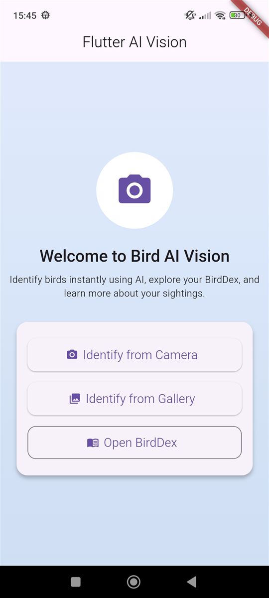 Home: identify from camera or gallery, or open the BirdDex